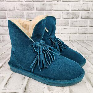 Bearpaw Christie Women's Sz 7 Teal Blue Suede Wool Sheepskin Footbed Ankle Boots